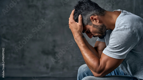 Contemplative Solitude A solitary figure, lost in introspective thought, sits with head bowed against a textured gray backdrop, embodying the weight of silent struggle.