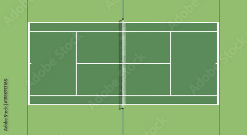 Tennis court with white lines on green surface.