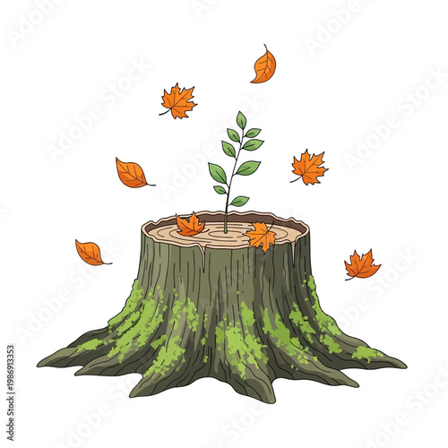 New Growth Sprout from Old Tree Stump with Falling Autumn Leaves