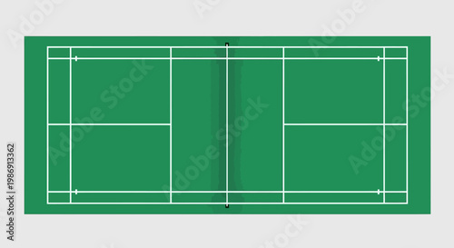 Tennis court with white lines on green surface.