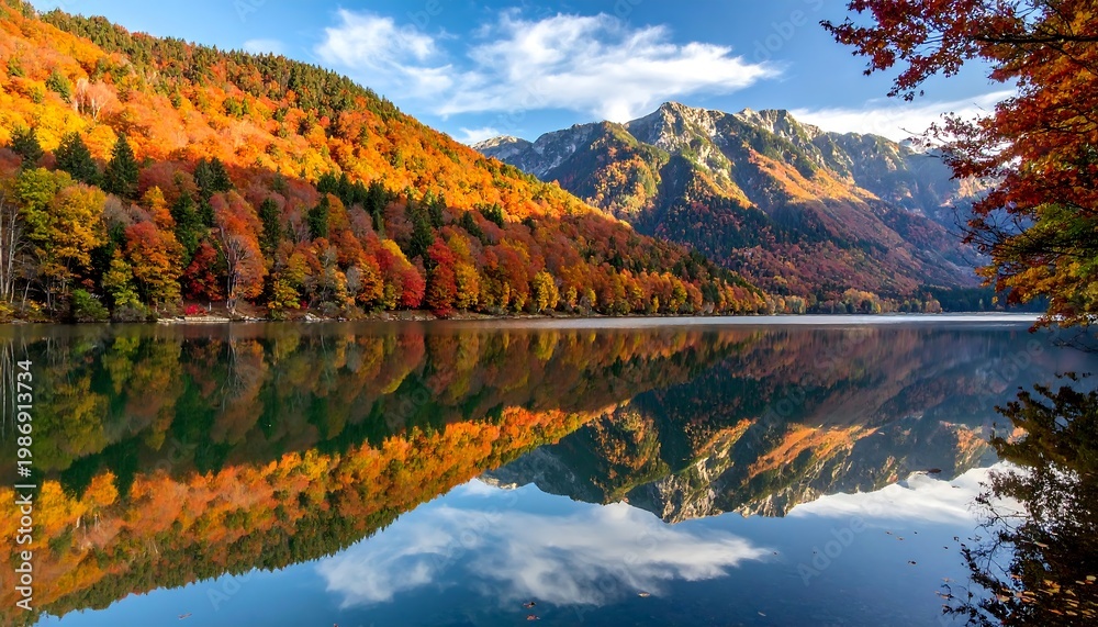 Naklejka premium Lake reflects autumn trees, mountains, blue skies. Gorgeous fall colors, pristine still waters. Nature's beauty