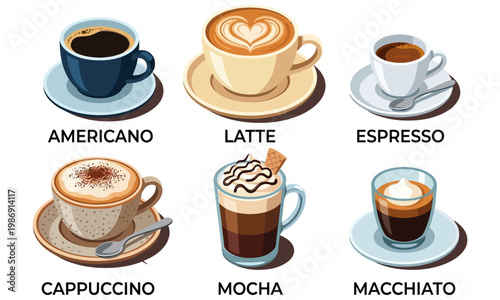 A collection of popular coffee drinks, including americano, latte, espresso, cappuccino, mocha, and macchiato