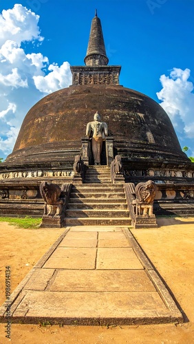 Ancient, large, dome-shaped stupa with stairs and spire