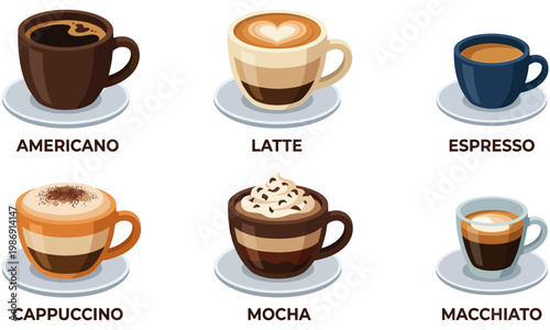 A collection of popular coffee drinks in ceramic cups on saucers, including americano, latte, espresso, cappuccino, mocha, and macchiato