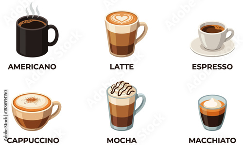 Vibrant cartoon illustration featuring a diverse collection of popular coffee beverages, including classic styles like latte, espresso, cappuccino, mocha, and americano