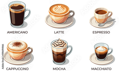 A collection of popular coffee drinks including americano, latte, espresso, cappuccino, mocha, and macchiato, each with distinct preparation methods