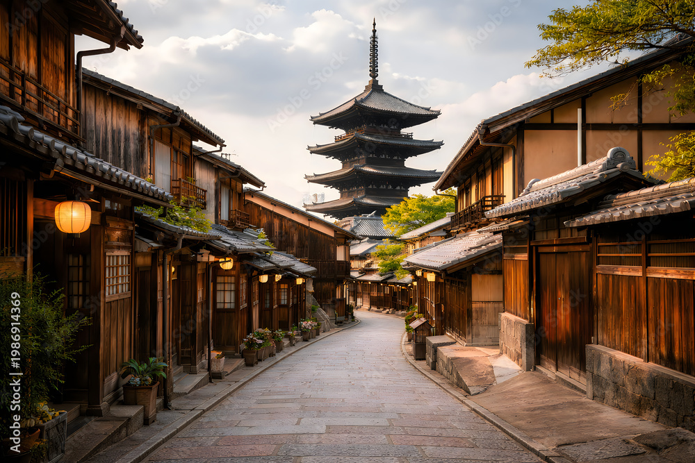 Naklejka premium temple with ornate roofs stands peacefully in a city