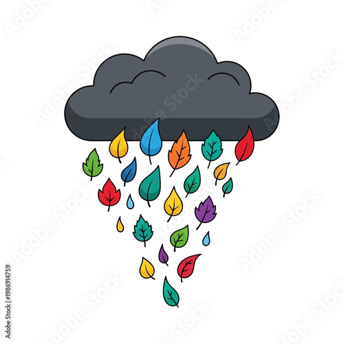 Autumn Rainstorm: Colorful Leaves Falling from Dark Cloud, White Background