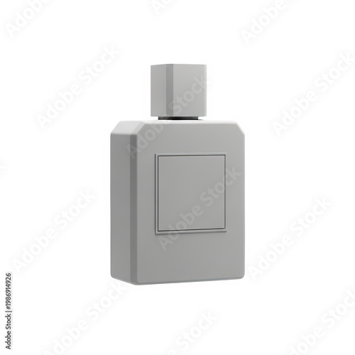 Grey perfume bottle with square shape and blank label isolated on transparent background