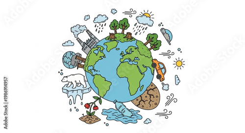 Illustrated Earth with Environmental Elements Depicting Climate Change.