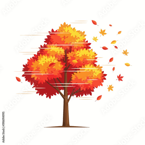 Autumn Tree with Falling Leaves in Wind - Vibrant Fall Colors