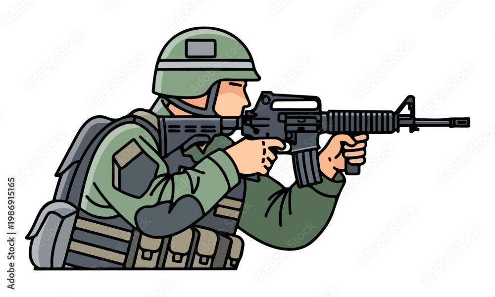 Obraz premium Soldier Aiming Assault Rifle Vector Illustration