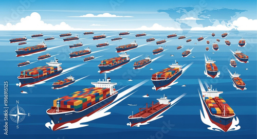 Container Ships at Sea - A Global Trade Fleet Illustration.