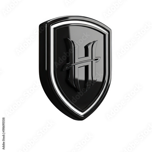 Black shield emblem with silver trim and stylized letter isolated on transparent background