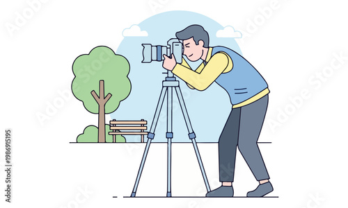 Photographer using camera on tripod in park flat illustration