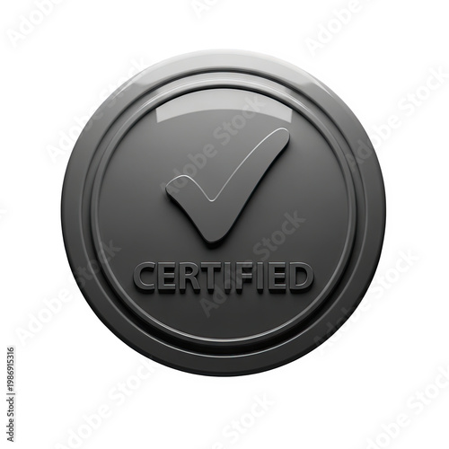 Dark gray certified badge with checkmark on transparent background
