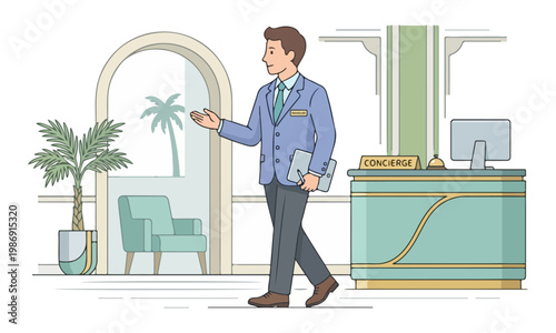 Hotel concierge walking and gesturing in luxury lobby illustration