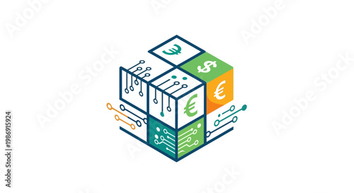 Colorful cube with business icons.