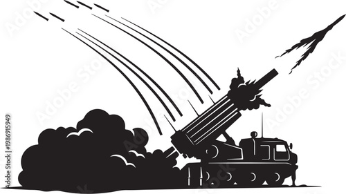 Military missile launcher, rocket launch, explosion blast, black silhouette vector