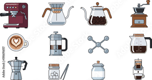 Professional Coffee Brewing Equipment and Barista Tools Icons Set with Espresso Machine, French Press, Moka Pot, Grinder and Beans on White
