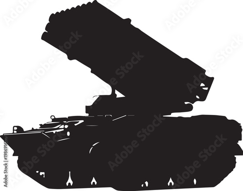 Military tank, missile launcher, black silhouette, vector illustration, warfare vehicle, combat equipment