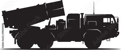 Military truck, missile launcher, black silhouette, vector illustration, military vehicle, defense equipment