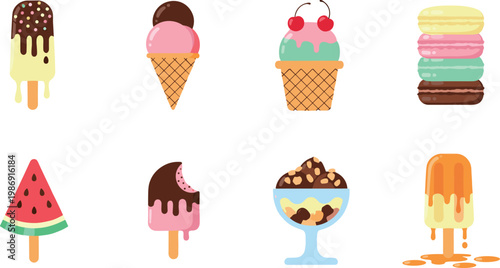 Assorted Ice Cream and Summer Dessert Icons Set with Popsicles, Cones, Macarons, Watermelon Ice, Sundae and Melting Sweets Isolated on White