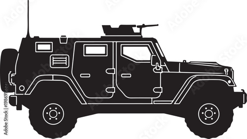 Black silhouette military jeep, tactical vehicle, army SUV, monochrome illustration