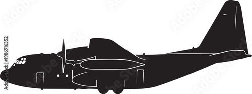 Black airplane silhouette, aircraft icon, military plane vector, transportation symbol