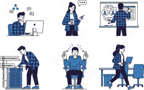 IT Professionals and Software Engineers Daily Tasks Set with Coding, UI Design, Server Maintenance and Team Communication Vector Illustrations