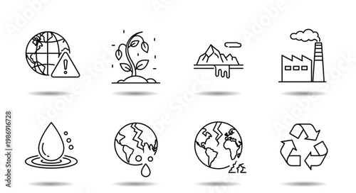 Environmental Issues and Sustainability Icons Depicting Pollution and Climate Change.