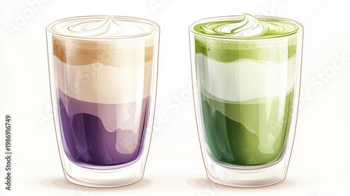 Ube and Matcha drink on white background,Iced Ube Latte,and matcha latte,PopularTrendy Purple Coffee Shop,plant based recipes,superfood,menu and banner,Healthy and wellness concept.