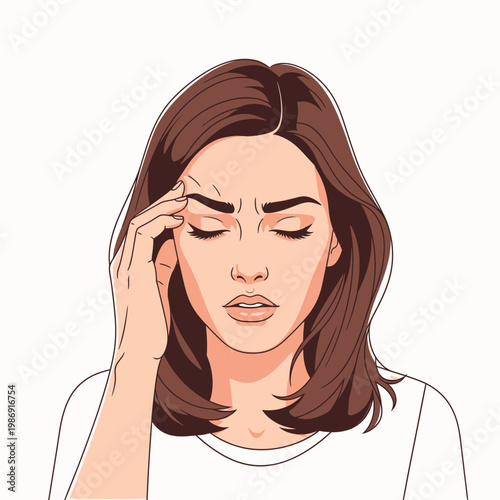 Woman with headache or stress expression.