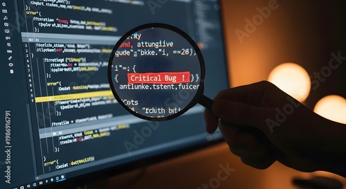 Naklejka software developer hand holding magnifying glass over computer screen emphasizing critical bug text in programming source code debugging concept