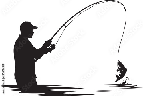 Fishing, silhouette, man fishing, black icon, vector graphic