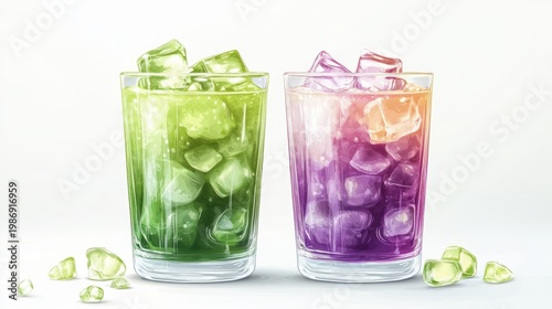 Ube and Matcha drink on white background,Iced Ube Latte,and matcha latte,PopularTrendy Purple Coffee Shop,plant based recipes,superfood,menu and banner,Healthy and wellness concept.