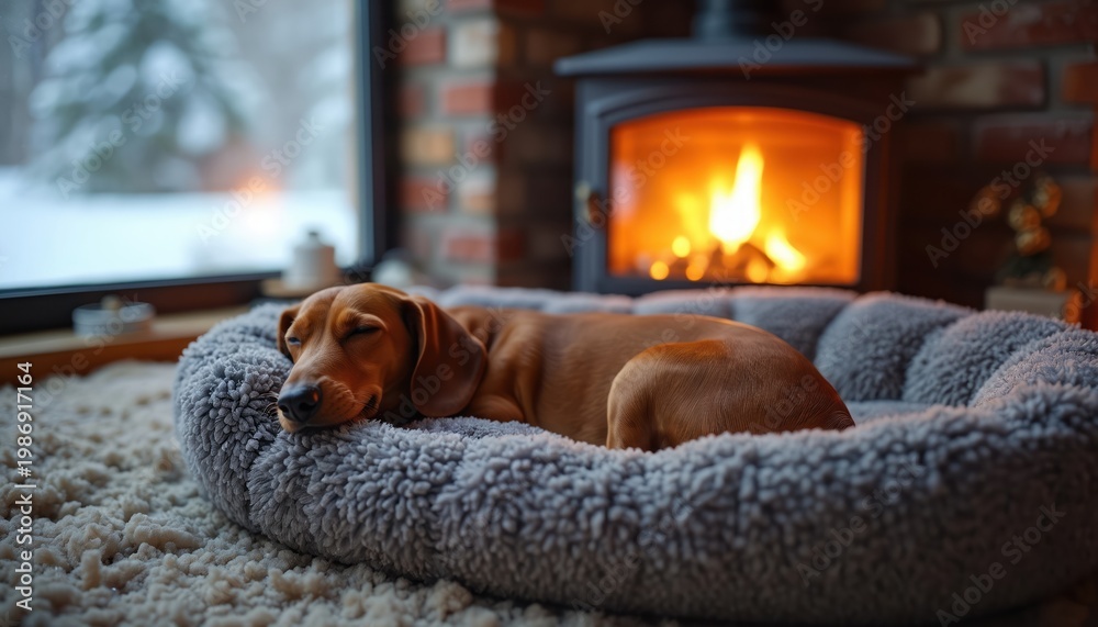 Naklejka premium Small dachshund dog slepic peacefully in plush bed near crackling fireplace. Snowy winter scene outside window. Cozy indoor warmth. Domestic animal rest. Content pet.
