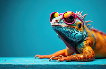 Colorful iguana with pink sunglasses rests on blue wood. Bright reptile has vibrant orange yellow body and turquoise blue skin scales. Iguana looks at camera with tilted head.