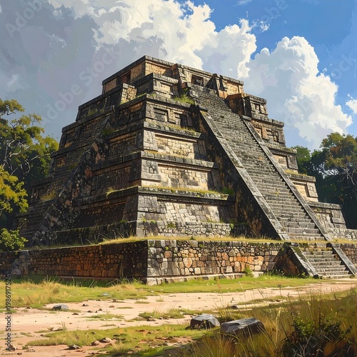 Ancient Mesoamerican pyramid structure with stairs and cloudy sky
