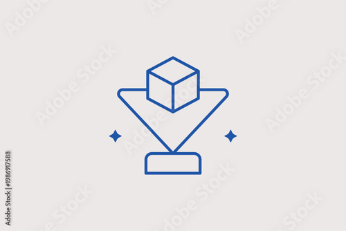 3D cube on a pedestal symbolizing a finished model or museum exhibit. Elegant Vector Illustration and line icon is perfect for 3D printing galleries and digital art showcases.