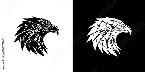 Eagle Head Robot Logo Design Featuring Mechanical Gear Elements in Vector Style