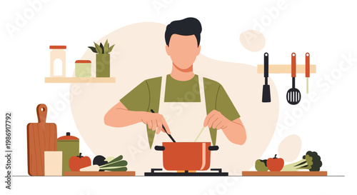 Man Cooking Soup in Kitchen Flat Vector Illustration with Fresh Vegetables