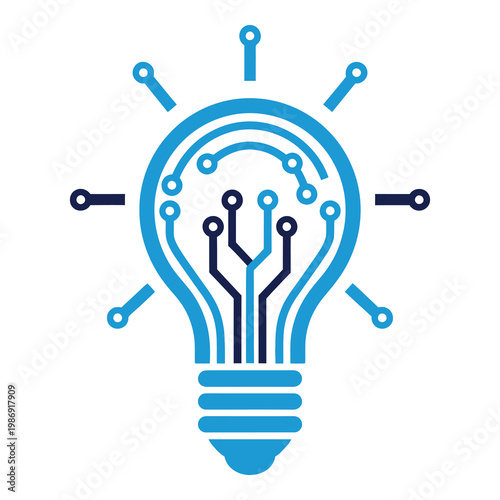 Blue light bulb icon with circuit board and wires inside  idea concept icon
