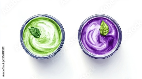 Ube and Matcha drink on white background,Iced Ube Latte,and matcha latte,PopularTrendy Purple Coffee Shop,plant based recipes,superfood,menu and banner,Healthy and wellness concept.