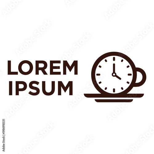 Brown clock on a coffee cup and saucer with lorem ipsum text icon