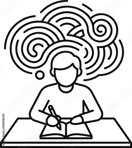 Person sitting at desk with confused thoughts, Visual representation of creative thinking and mental blocks.