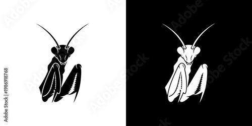 Mantis Head Logo Illustration with Minimalist Insect Silhouette Icon