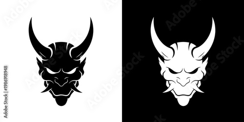 Oni Demon Head Logo Set in Black and White Minimalist Style