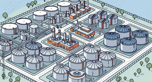 Industrial Complex Illustration - Oil Refinery and Storage Tanks.