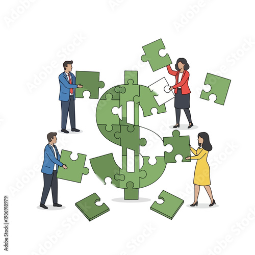Teamwork assembling dollar sign puzzle, financial success, business strategy, investment concept